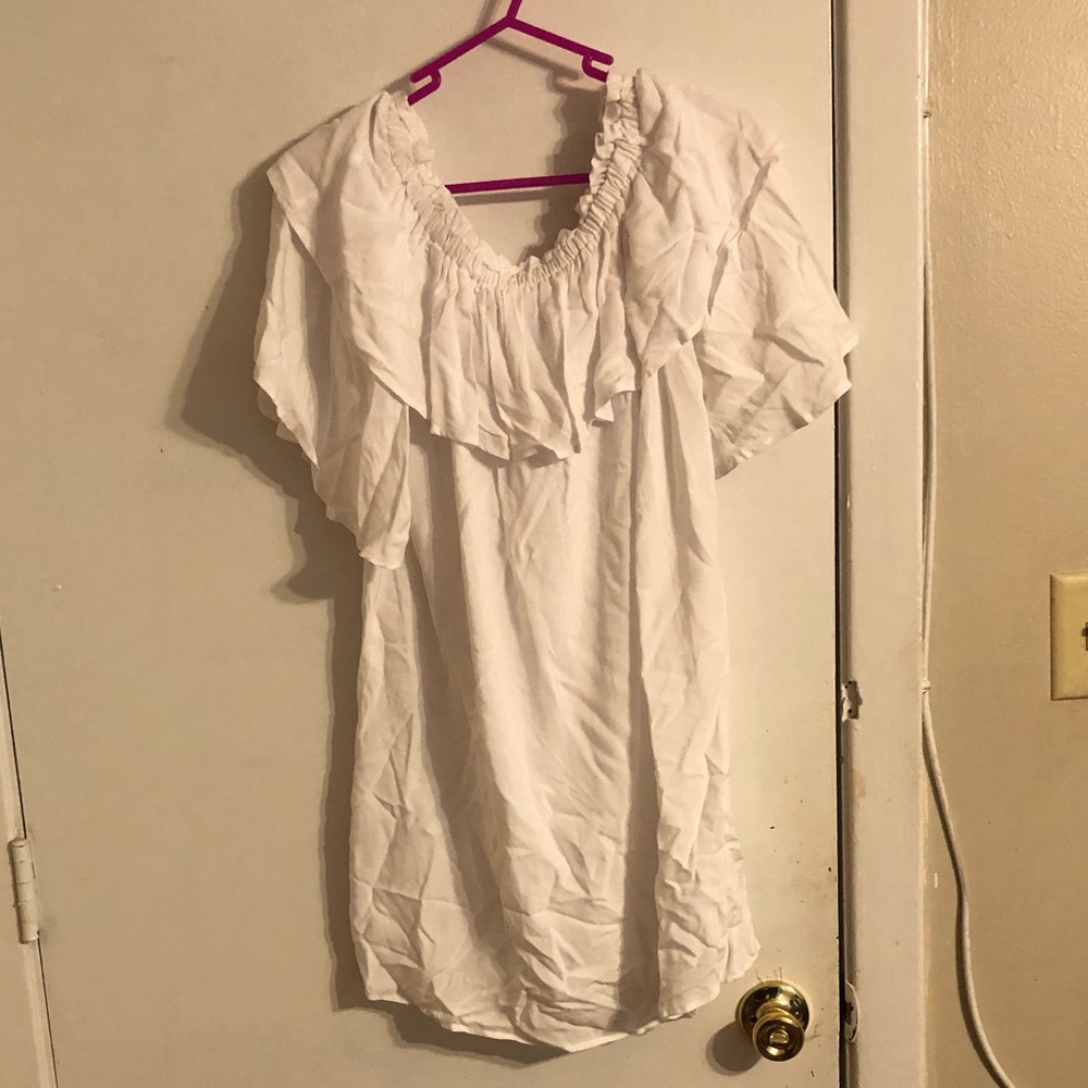 Lela Sky brand, size M, white dress with ruffles.